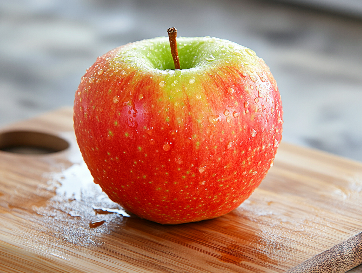 Manzana entera sobre tabla de madera clara, luz natural lateral