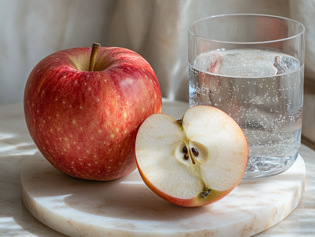Manzana roja entera junto a media manzana cortada sobre tabla de mármol, con vaso de agua al lado