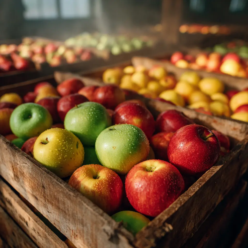 Cajas de manzanas recién recolectadas en un almacén de fruta, distintas variedades