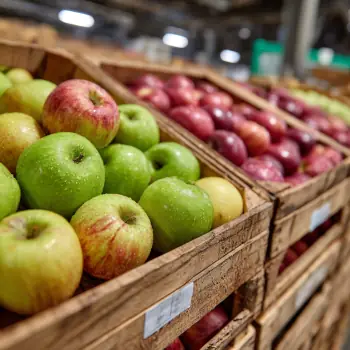Manzanas de distintos orígenes en un mercado mayorista, cajas con etiquetas de varios países