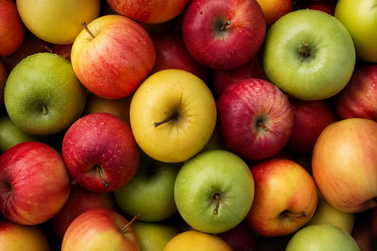 Bodegón cenital de manzanas: Golden, Reineta, Granny Smith, Gala, Pink Lady y Fuji apiladas, gotas de agua sobre la piel