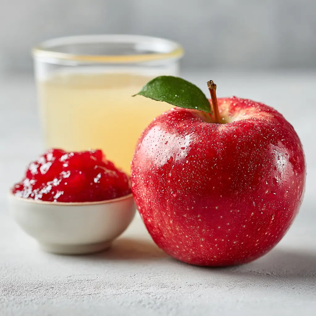 Manzana cruda con piel junto a un cuenco de compota y un vaso de zumo, composición nutricional minimalista sobre fondo neutro