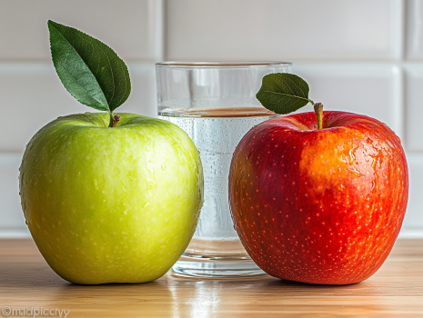 Manzana troceada en dados pequeños sobre tabla de madera clara, junto a una manzana entera