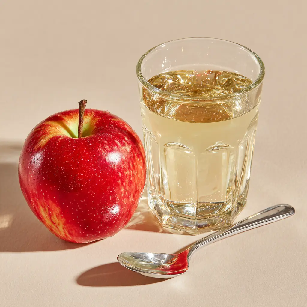 Vaso de agua con vinagre de manzana diluido y una cuchara junto a una manzana, sobre mesa con luz de mañana
