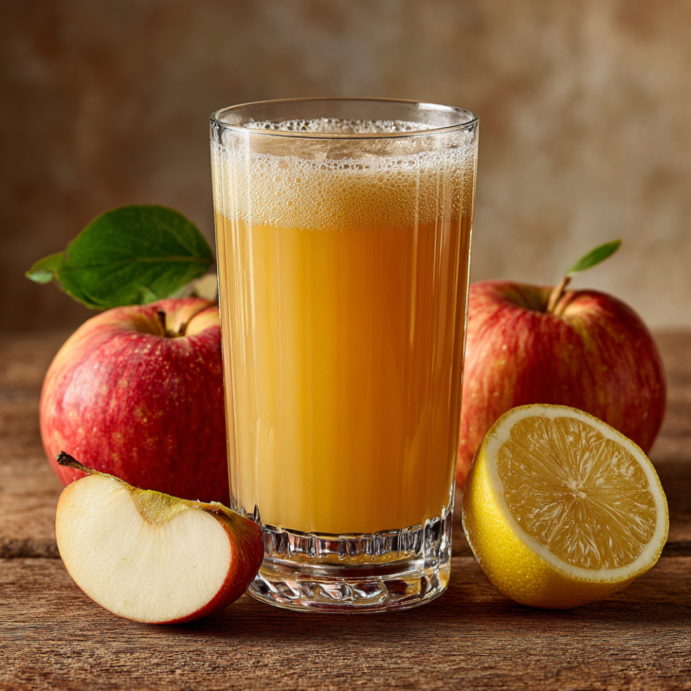 Vaso de zumo de manzana natural turbio, con manzana al fondo