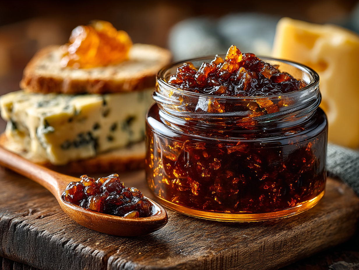 Tarro de cristal con chutney de manzana ámbar oscuro y trozos visibles, cuchara de madera al lado, tabla de quesos al fondo desenfocada