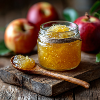 Compota de manzana en tarro de cristal, fondo de madera clara