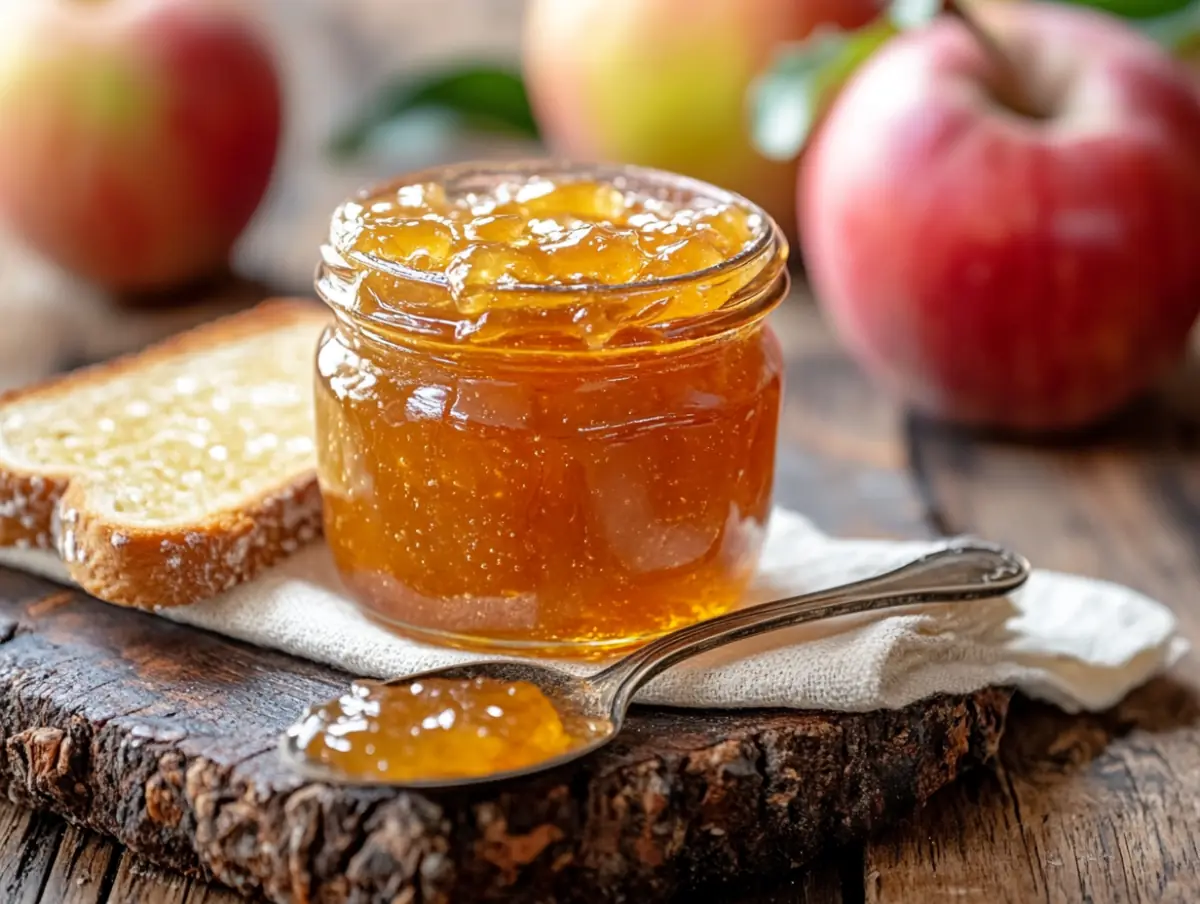 Compota de manzana en tarro de cristal junto a manzanas enteras sobre superficie de madera