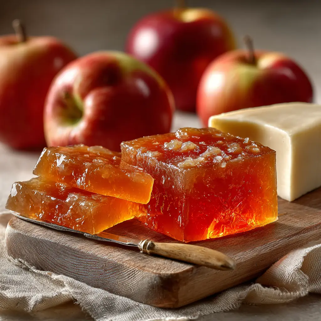 Bloque de dulce de manzana desmoldado sobre tabla de madera, cortado en lonchas de color ámbar translúcido, con cuchillo, queso curado y manzanas rojas al fondo