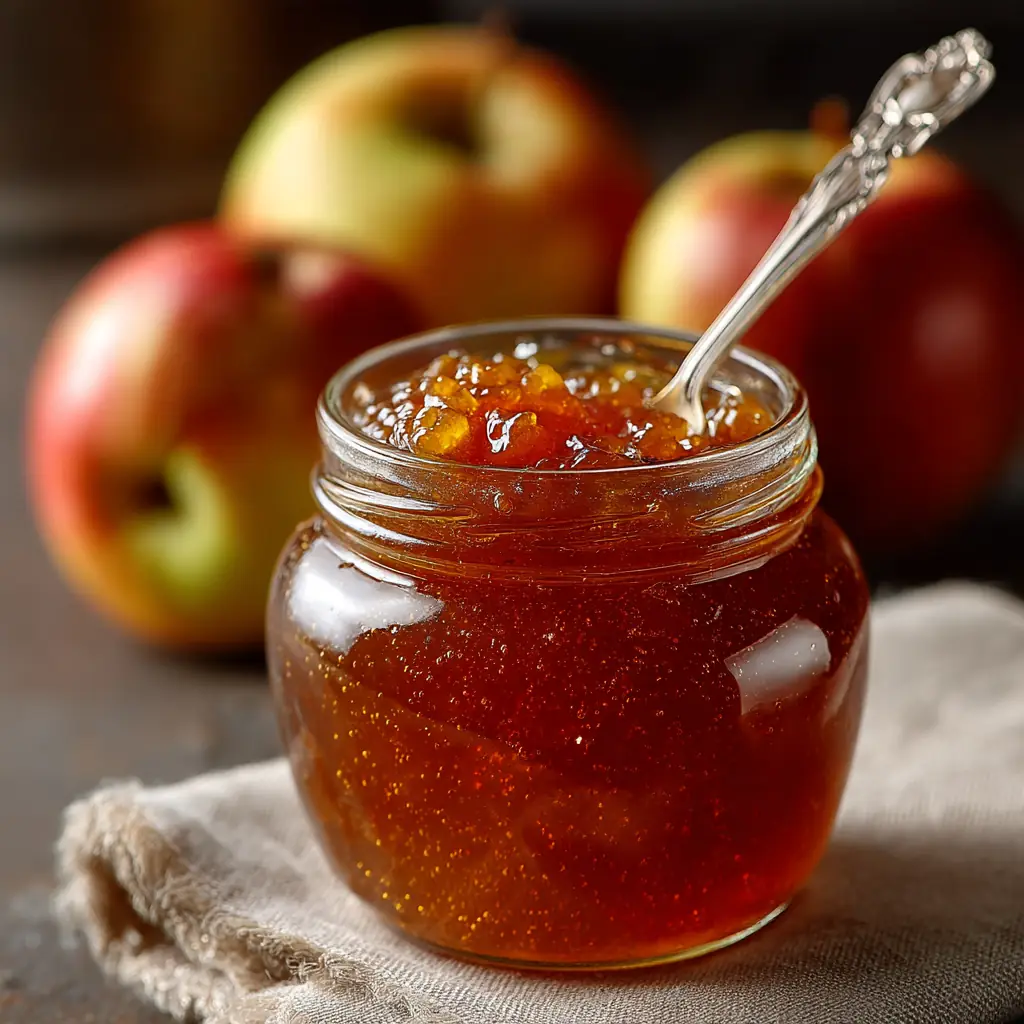 Tarro de cristal con mermelada de manzana de color ámbar y una cuchara dentro, con manzanas enteras detrás