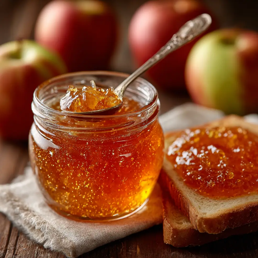 Tarro de mermelada de manzana con cuchara, fondo madera