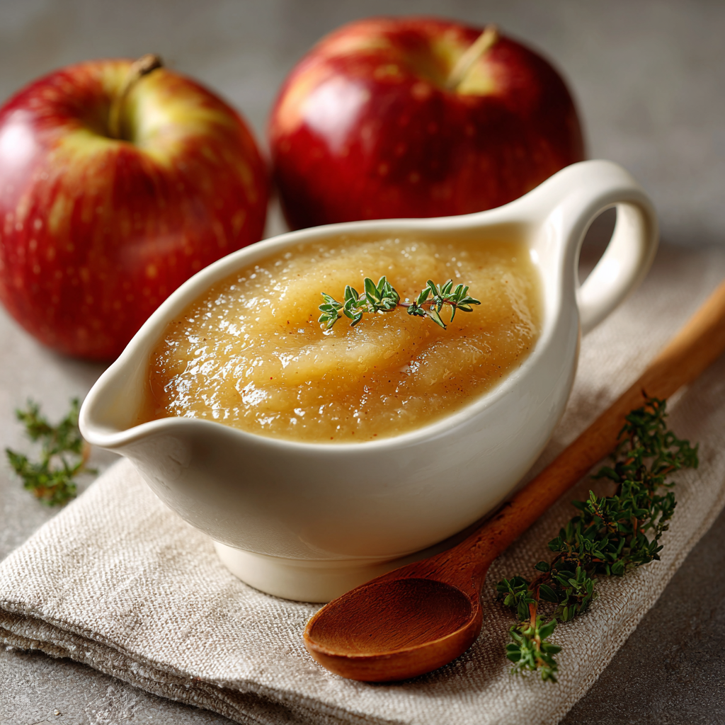 Salsera blanca con salsa de manzana dorada, cuchara de madera, manzanas Reineta al fondo desenfocadas, vista cenital