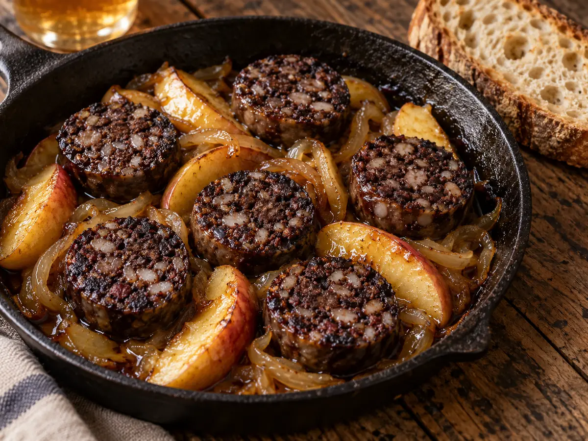 Rodajas de morcilla de arroz doradas con gajos de manzana con piel y cebolla pochada en una sartén de hierro, con pan de hogaza al lado