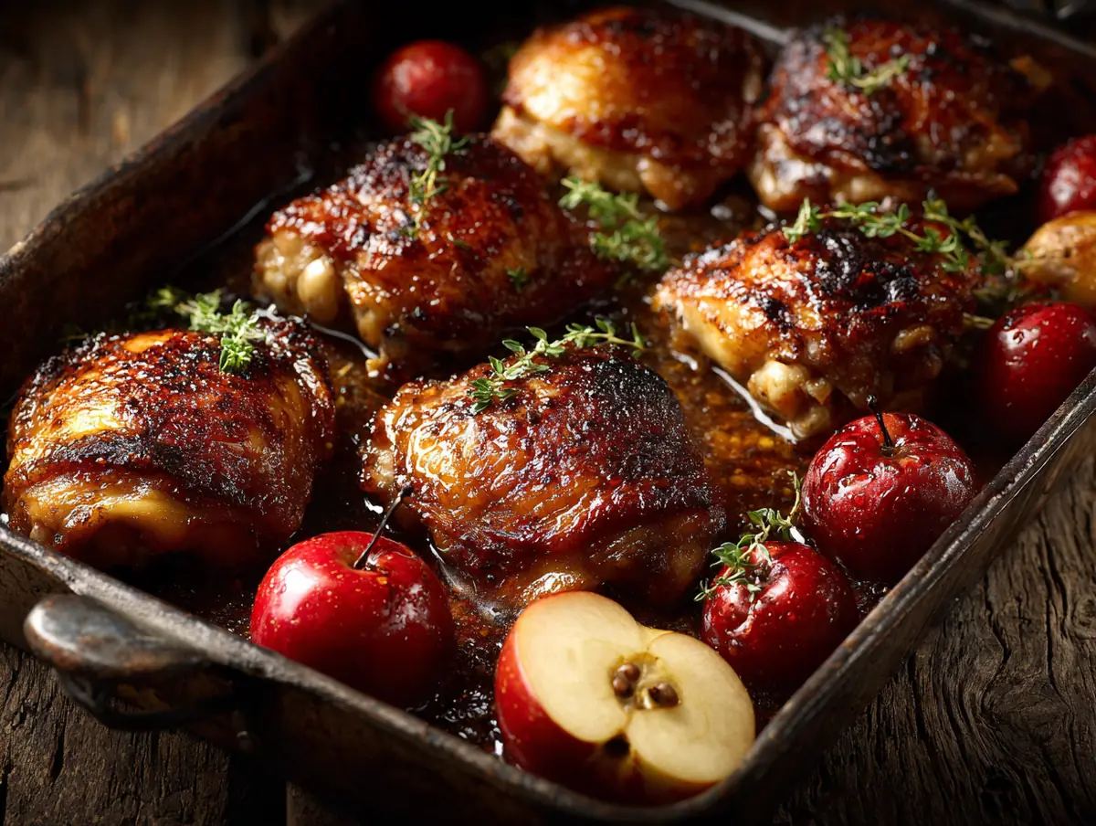 Contramuslos de pollo al horno con la piel dorada, manzanas rojas y ramitas de tomillo en una bandeja de metal