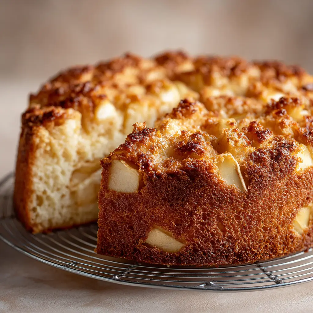 Bizcocho de manzana sin gluten alto y esponjoso, cortado para mostrar la miga aireada con dados de manzana, sobre rejilla