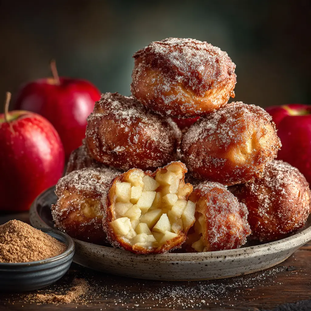 Buñuelos de manzana dorados espolvoreados con azúcar y canela en un plato, uno partido por la mitad con los trozos de manzana a la vista en la miga