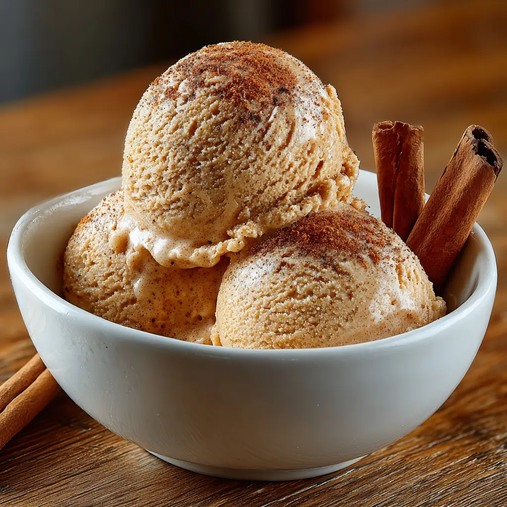 Dos bolas de helado de manzana y canela tono caramelo, espolvoreadas con canela molida y una rama de canela al lado, en cuenco de cerámica blanca sobre roble