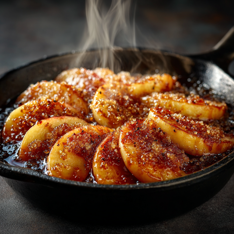 Manzana caramelizada en sartén de hierro con azúcar moreno dorado, gajos brillantes sobre fondo oscuro