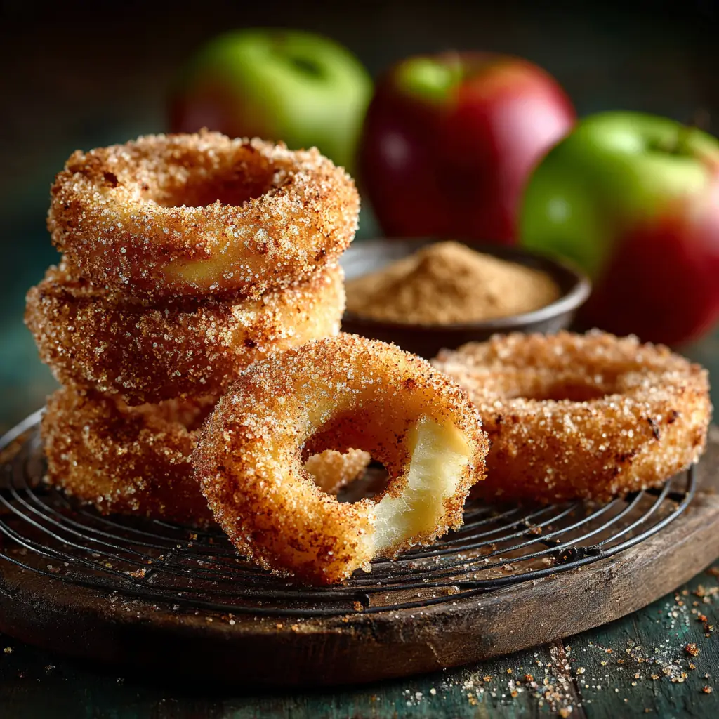 Rosquillas de manzana al horno doradas sobre una rejilla, rebozadas en azúcar con canela, una partida por la mitad con la manzana a la vista