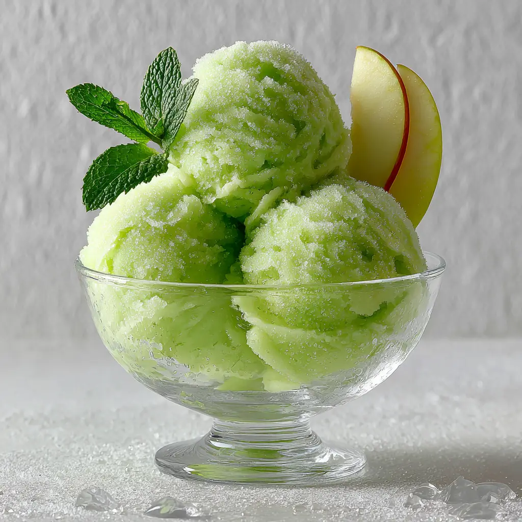 Bolas de sorbete de manzana verde claro con escarcha en una copa, sobre superficie clara