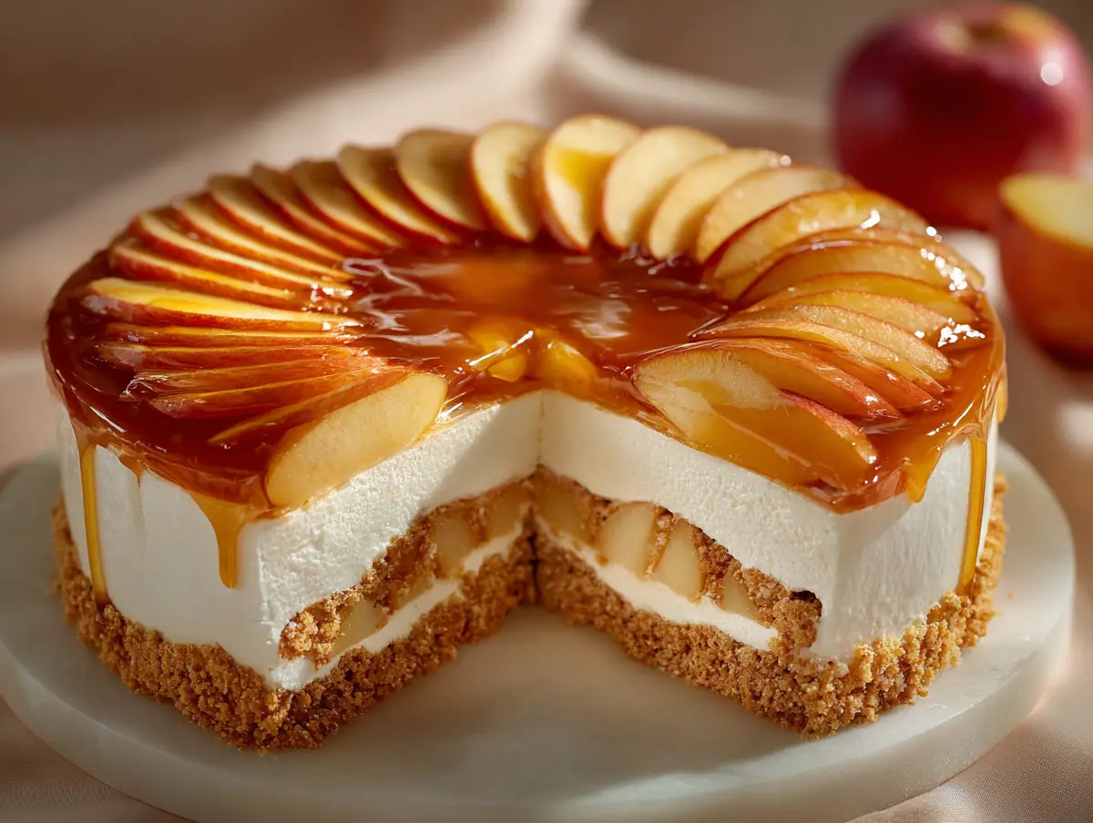 Tarta de cumpleaños sin horno con capas de galleta y manzana, corte que muestra el relleno cuajado
