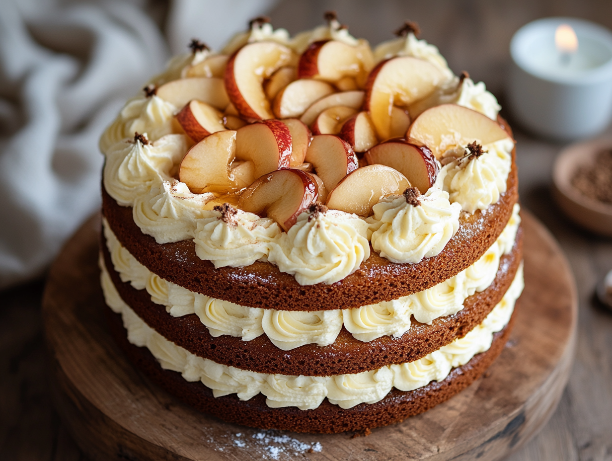 Tarta de cumpleaños decorada con crema y rodajas de manzana caramelizada, sobre mesa de madera