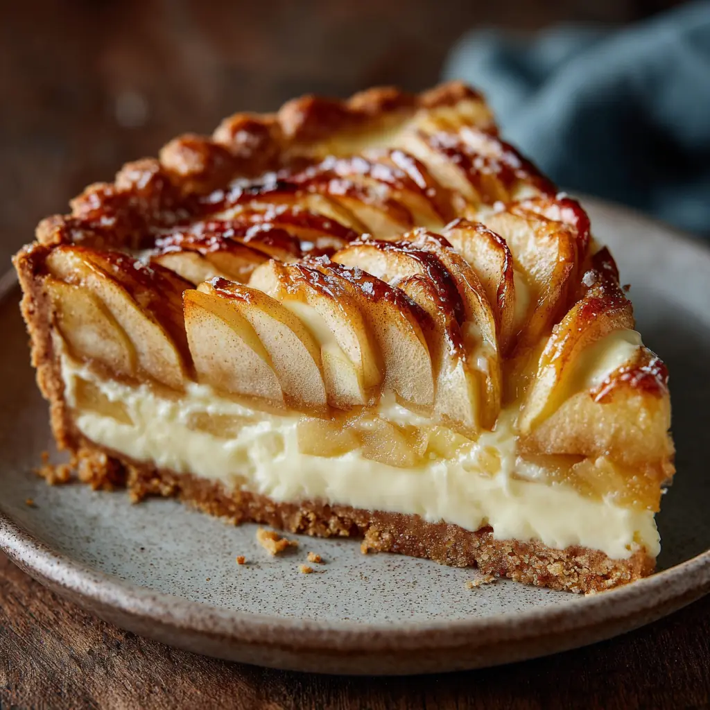 Porción de tarta de manzana asturiana con base, capa de crema pastelera y cobertura de manzana laminada brillante, sobre plato de cerámica