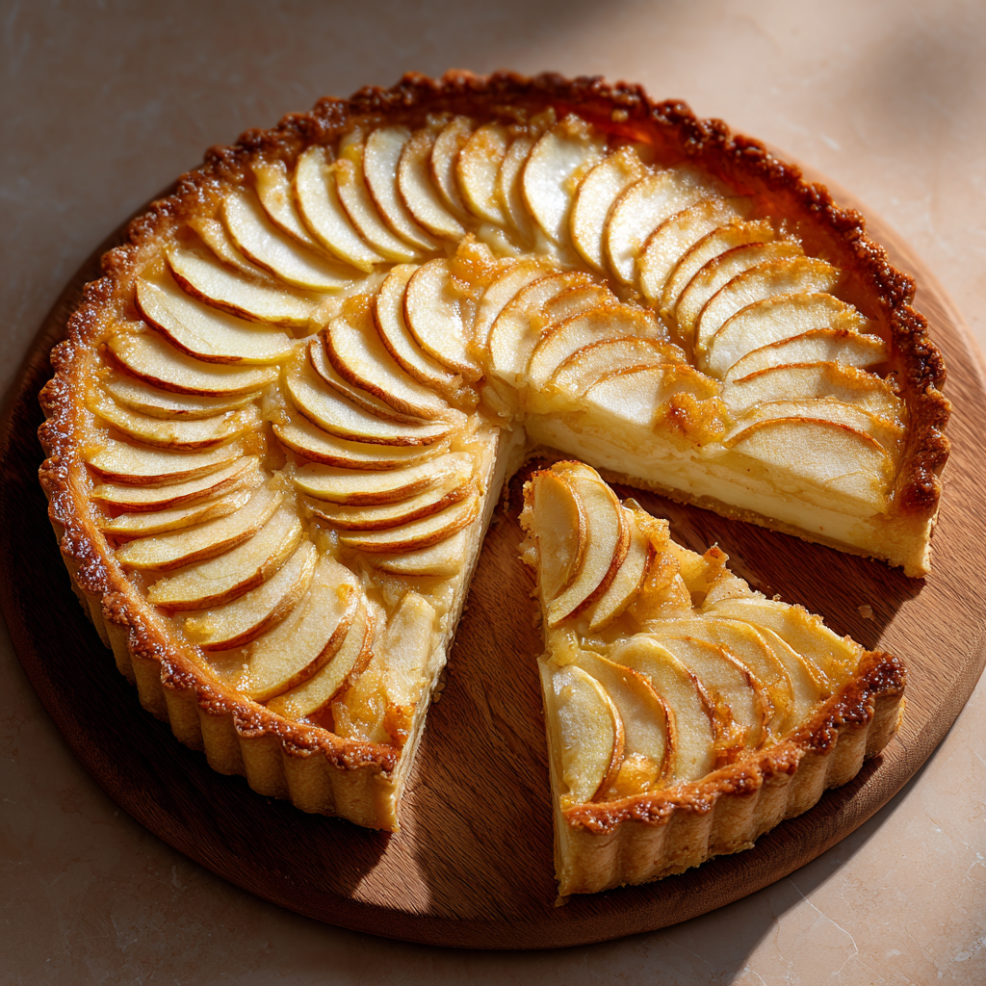 Tarta de manzana Reineta dorada en horno doméstico, cenital sobre tabla de madera de roble