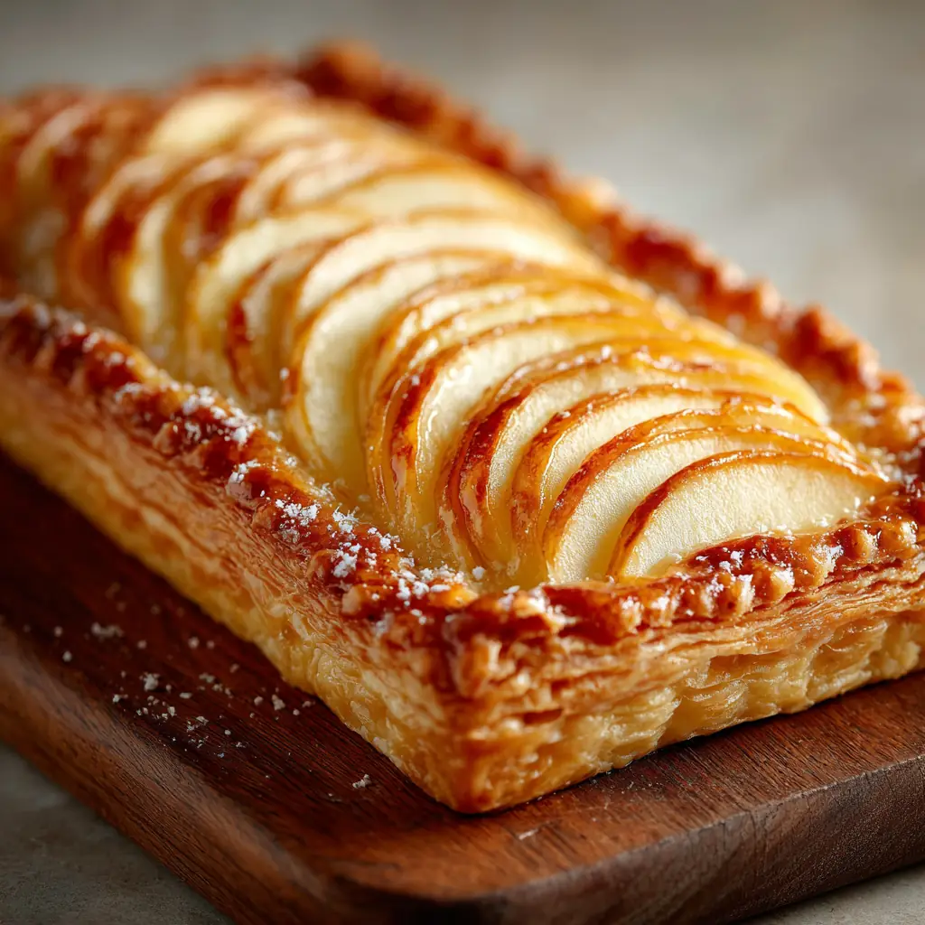 Tarta de manzana con hojaldre rectangular, láminas de manzana en abanico doradas y con brillo de mermelada, sobre tabla de roble