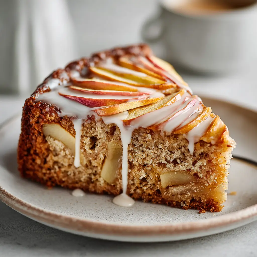 Porción de tarta de manzana sin gluten con miga jugosa y cobertura de manzana laminada brillante, sobre plato de cerámica clara