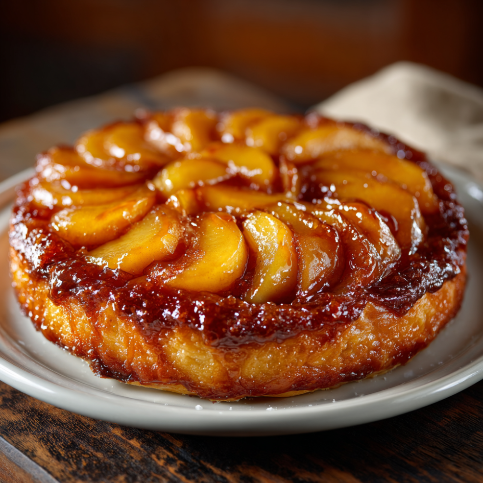 Tarta tatin volcada sobre plato de cerámica blanca, manzanas Reineta caramelizadas en color ámbar dorado encima de masa quebrada, virutas de azúcar caramelizado visibles