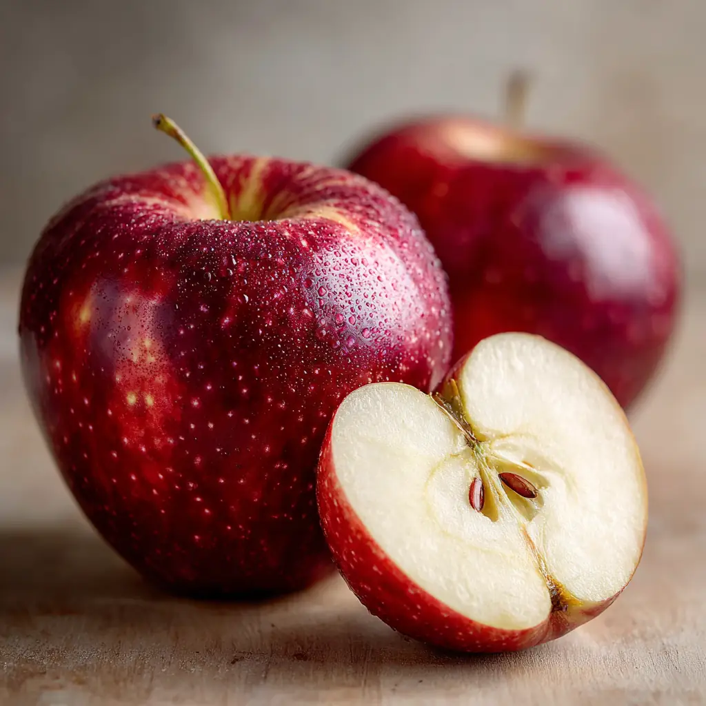 Dos manzanas Envy de piel granate con motas claras y una mitad cortada que muestra la pulpa blanca sin pardear, sobre superficie de madera clara